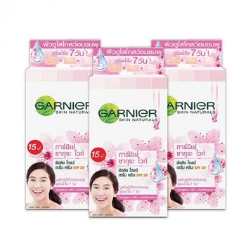 การ์นิเย่ ซากุระ ไวท์ ครีม SPF21 PA+++ แบบฝาหมุน 7 มล. x 6 ซอง * 3 แพ็ค (รวม 18 ซอง)