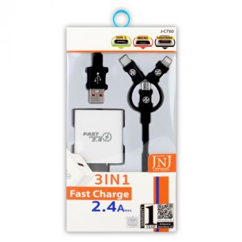 J N J อะแดปเตอร์ พร้อมสายชาร์จ 3 IN 1 แบบหัวแจ็ค  รุ่น J-C750_สีดำ